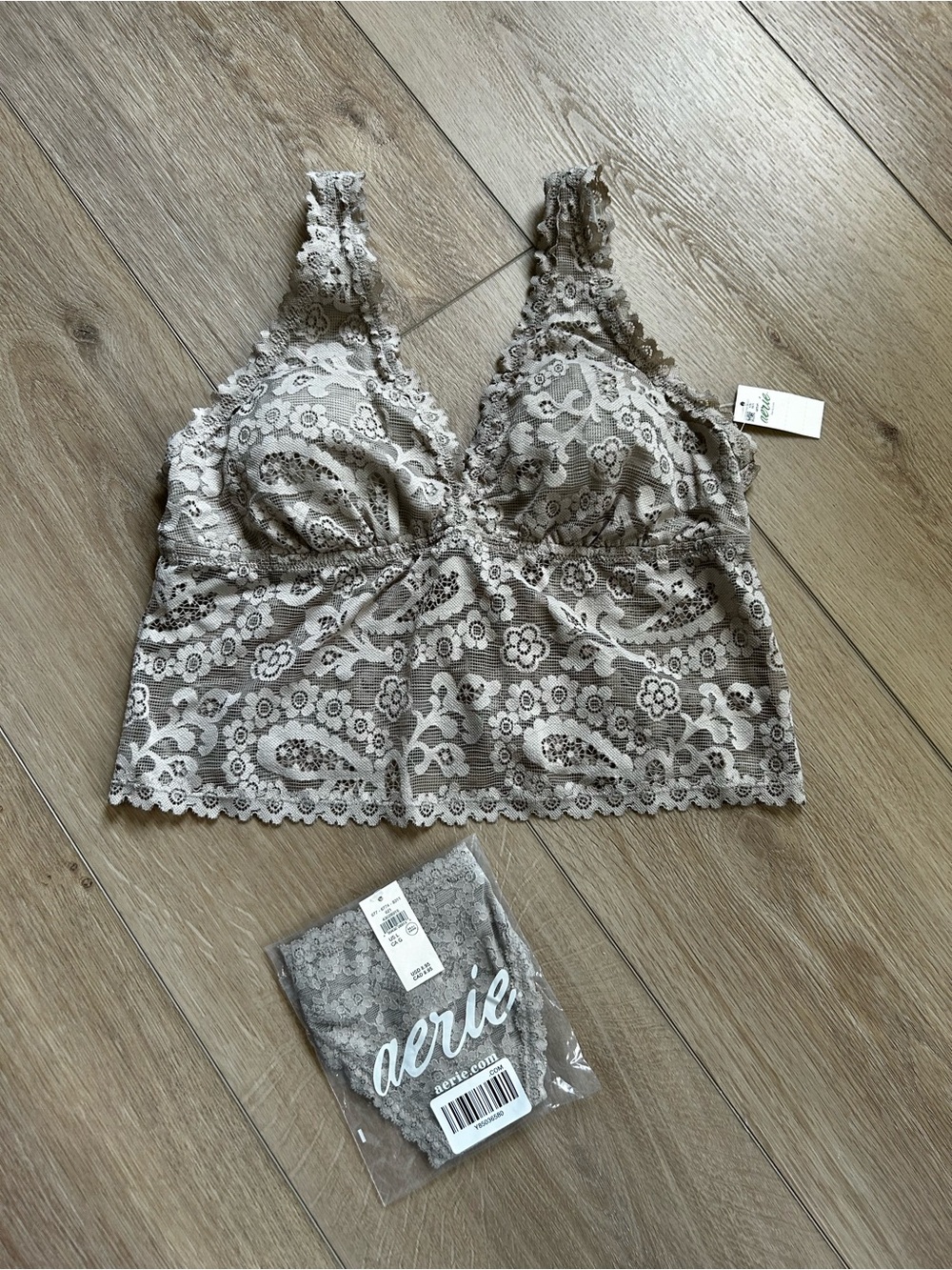 Aerie Lace Bralette with matching thong in color Stone Harbor - size Large
